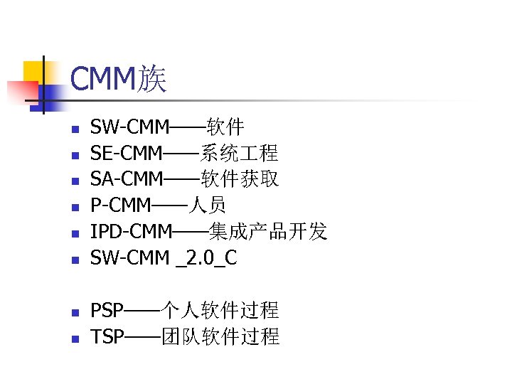 CMM族 n n n n SW-CMM——软件 SE-CMM——系统 程 SA-CMM——软件获取 P-CMM——人员 IPD-CMM——集成产品开发 SW-CMM _2. 0_C