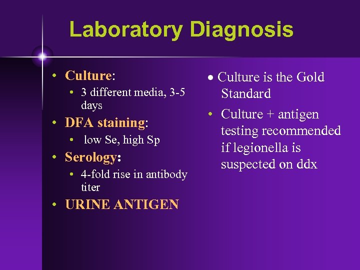 Laboratory Diagnosis • Culture: • 3 different media, 3 -5 days • DFA staining: