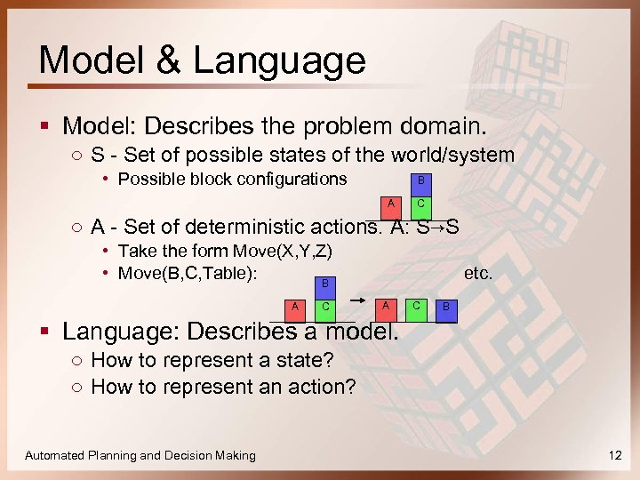 Model & Language § Model: Describes the problem domain. ○ S - Set of