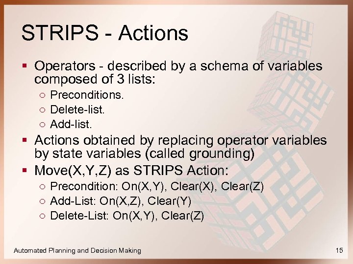 STRIPS - Actions § Operators - described by a schema of variables composed of