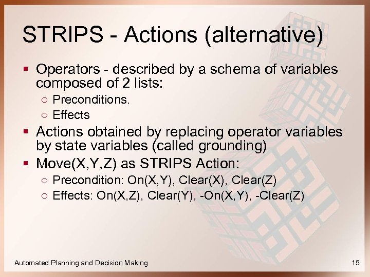 STRIPS - Actions (alternative) § Operators - described by a schema of variables composed