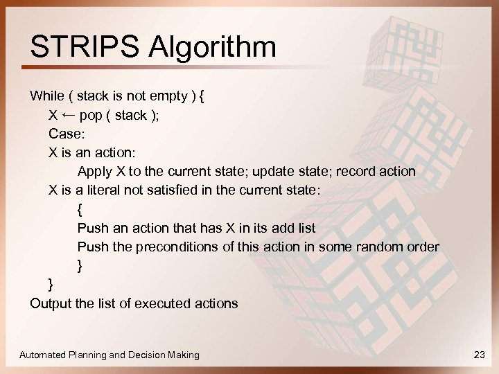 STRIPS Algorithm While ( stack is not empty ) { X ← pop (