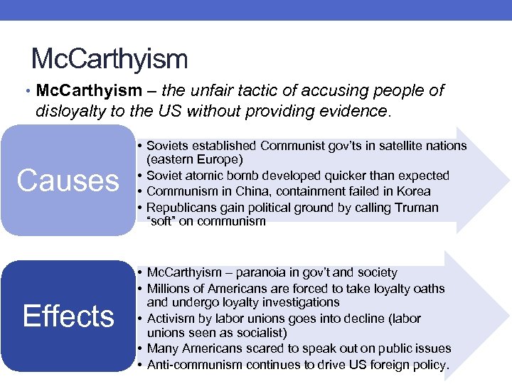 Mc. Carthyism • Mc. Carthyism – the unfair tactic of accusing people of disloyalty