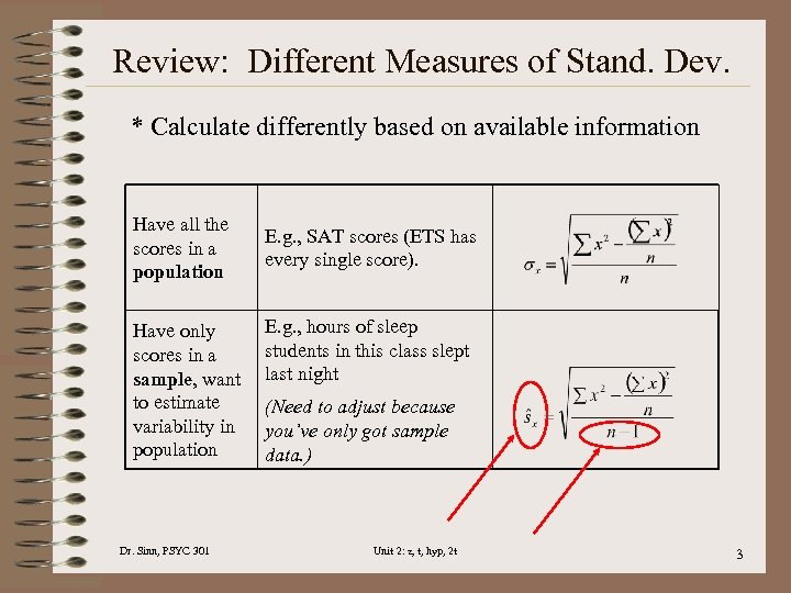 Review: Different Measures of Stand. Dev. * Calculate differently based on available information Have