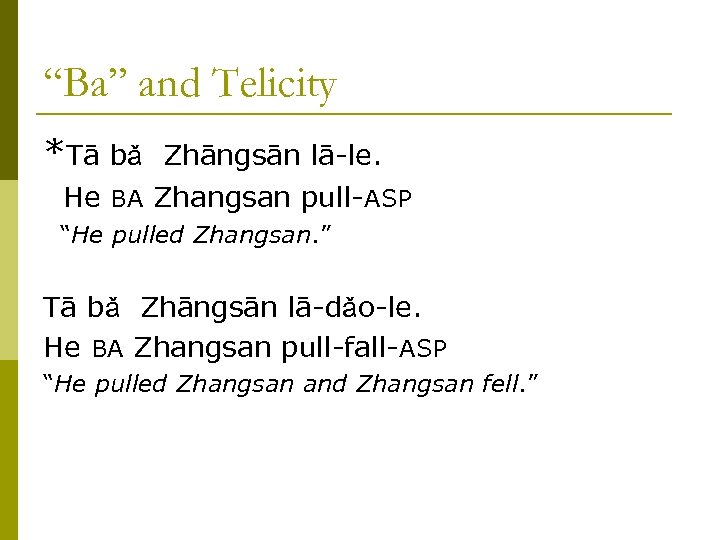 “Ba” and Telicity *Tā bǎ Zhāngsān lā-le. He BA Zhangsan pull-ASP “He pulled Zhangsan.