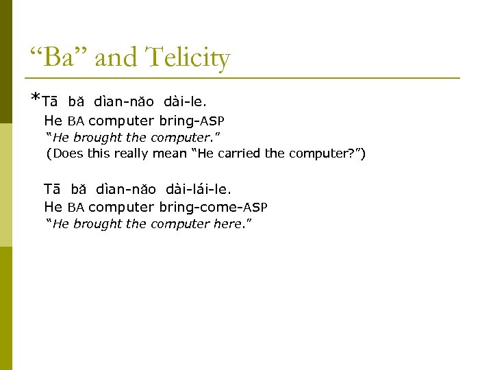 “Ba” and Telicity *Tā bǎ dìan-nǎo dài-le. He BA computer bring-ASP “He brought the