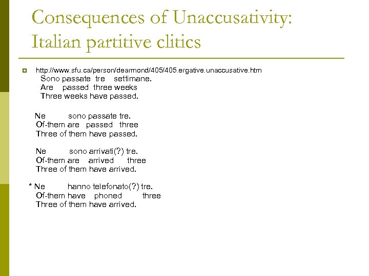 Consequences of Unaccusativity: Italian partitive clitics p http: //www. sfu. ca/person/dearmond/405. ergative. unaccusative. htm