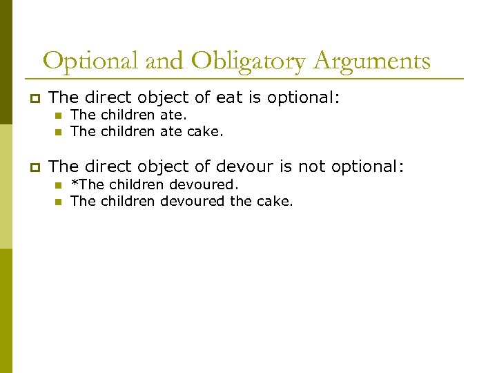 Optional and Obligatory Arguments p The direct object of eat is optional: n n