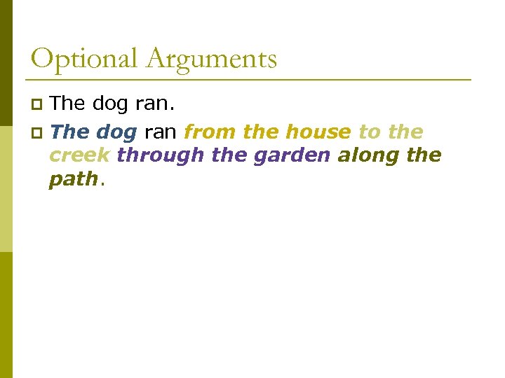 Optional Arguments The dog ran. p The dog ran from the house to the