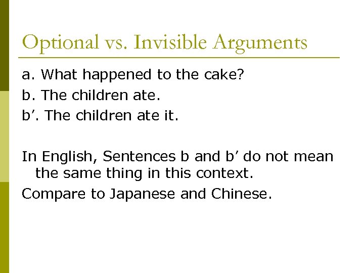 Optional vs. Invisible Arguments a. What happened to the cake? b. The children ate.