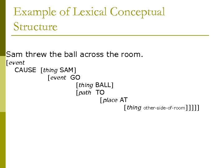 Example of Lexical Conceptual Structure Sam threw the ball across the room. [event CAUSE