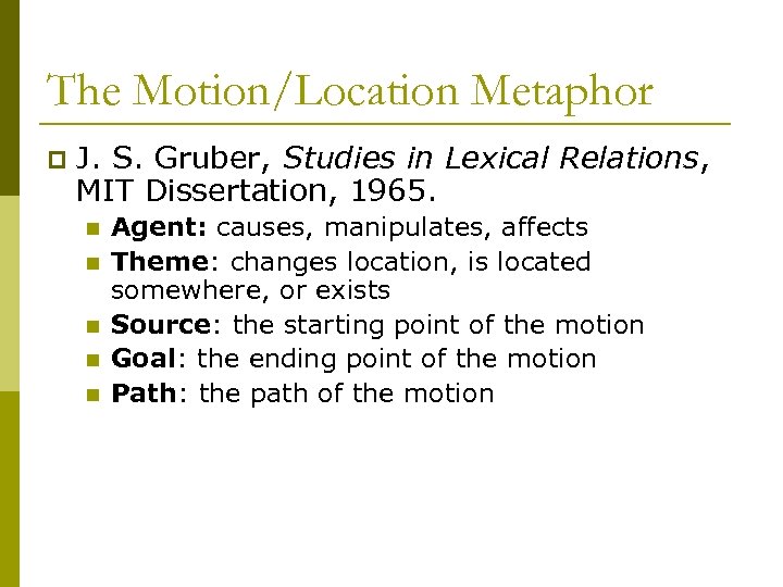 The Motion/Location Metaphor p J. S. Gruber, Studies in Lexical Relations, MIT Dissertation, 1965.