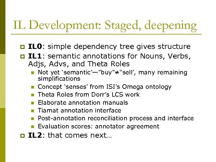 IL Development: Staged, deepening p p IL 0: simple dependency tree gives structure IL