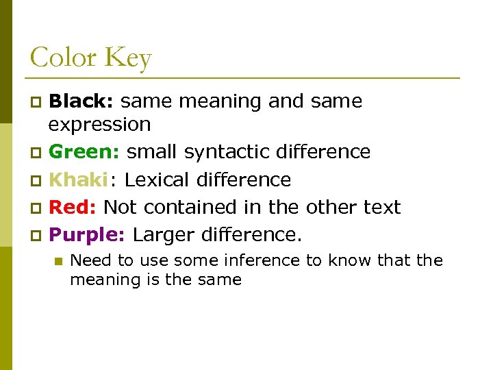 Color Key Black: same meaning and same expression p Green: small syntactic difference p