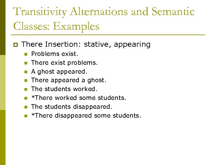 Transitivity Alternations and Semantic Classes: Examples p There Insertion: stative, appearing n n n
