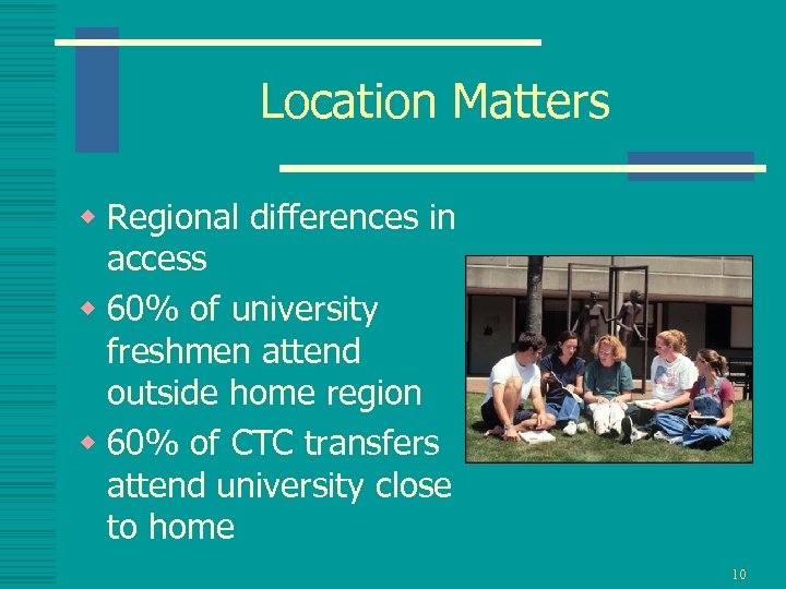 Location Matters w Regional differences in access w 60% of university freshmen attend outside