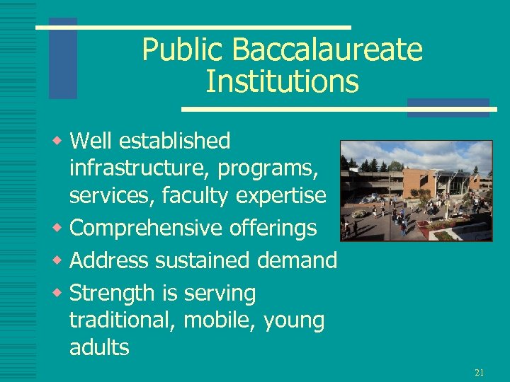 Public Baccalaureate Institutions w Well established infrastructure, programs, services, faculty expertise w Comprehensive offerings