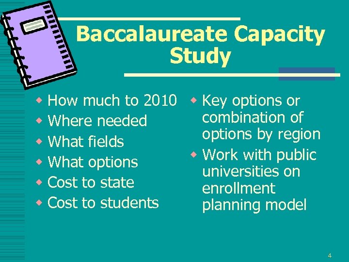 Baccalaureate Capacity Study w How much to 2010 w Key options or combination of