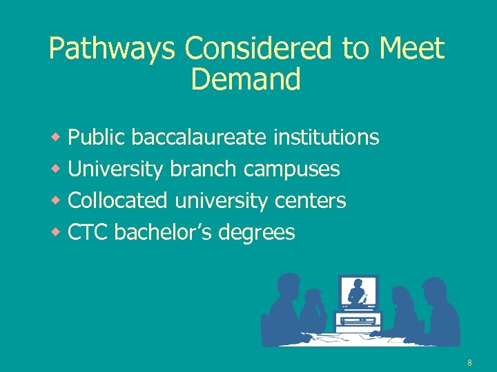 Pathways Considered to Meet Demand w Public baccalaureate institutions w University branch campuses w