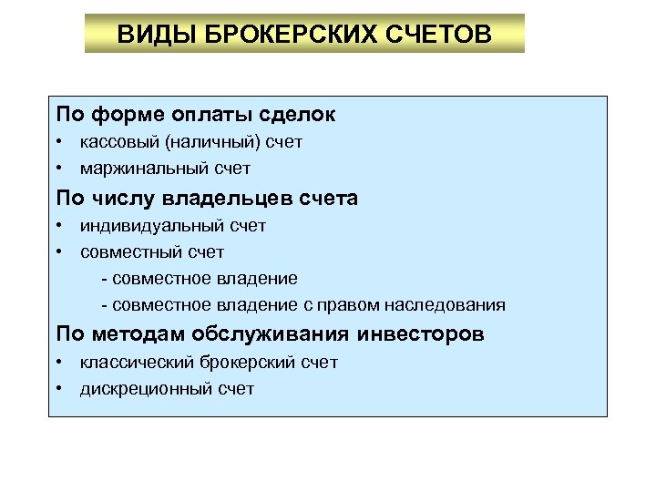 ВИДЫ БРОКЕРСКИХ СЧЕТОВ По форме оплаты сделок • кассовый (наличный) счет • маржинальный счет