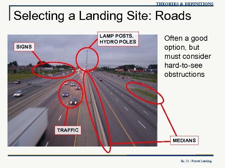 THEORIES & DEFINITIONS Selecting a Landing Site: Roads LAMP POSTS, HYDRO POLES SIGNS Often