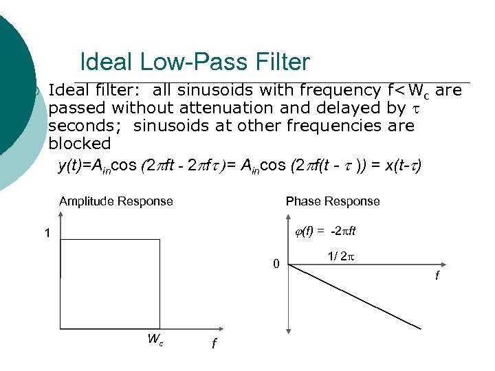 Ideal Low-Pass Filter ¡ Ideal filter: all sinusoids with frequency f<Wc are passed without