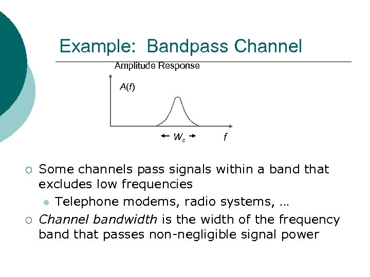 Example: Bandpass Channel Amplitude Response A(f) Wc ¡ ¡ f Some channels pass signals