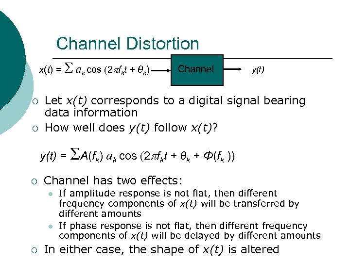 Channel Distortion x(t) = ¡ ¡ ak cos (2 fkt + θk) Channel y(t)