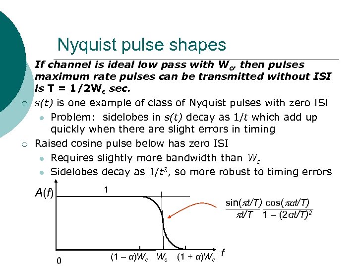 Nyquist pulse shapes ¡ ¡ ¡ If channel is ideal low pass with Wc,