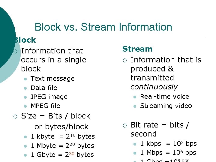 Block vs. Stream Information Block ¡ Information that occurs in a single block ¡