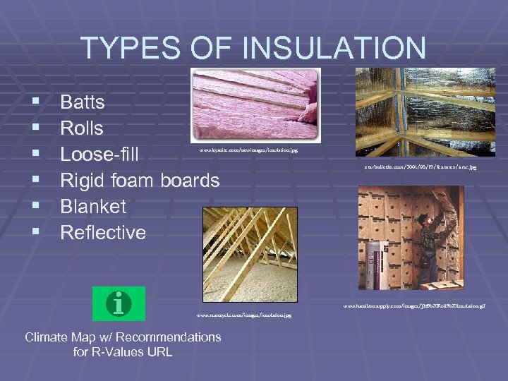 TYPES OF INSULATION § § § Batts Rolls Loose-fill Rigid foam boards Blanket Reflective