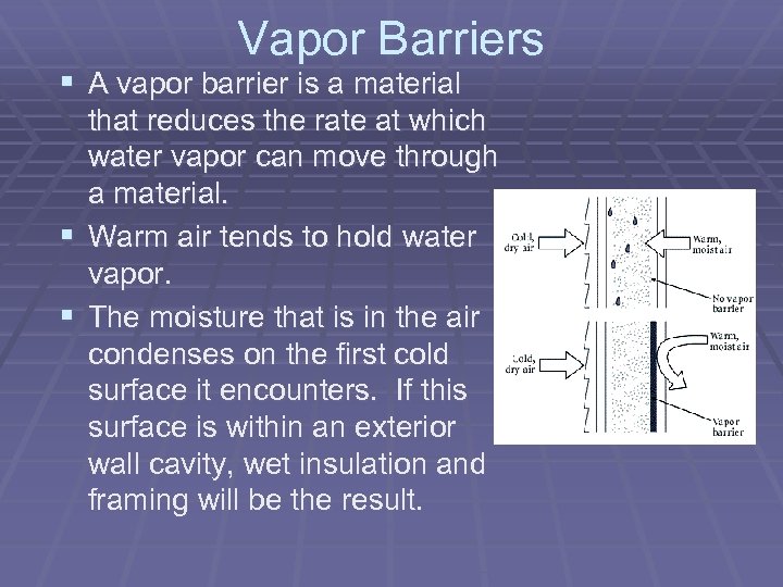 Vapor Barriers § A vapor barrier is a material that reduces the rate at