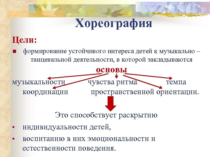 Хореография Цели: n формирование устойчивого интереса детей к музыкально – танцевальной деятельности, в которой