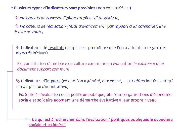  Plusieurs types d’indicateurs sont possibles (non exhaustifs ici) Indicateurs de contexte ("photographie" d’un