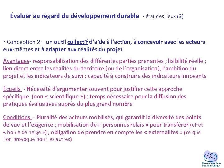 Évaluer au regard du développement durable - état des lieux (3) Conception 2 –