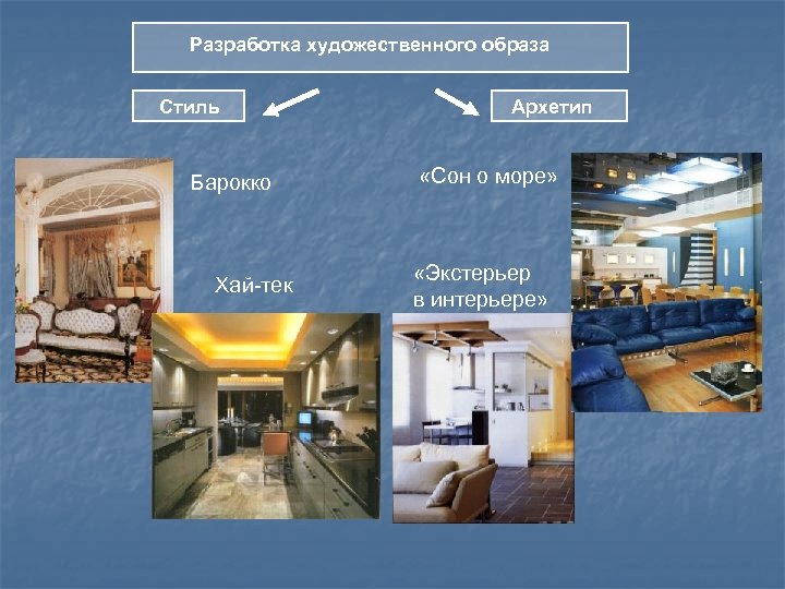 Разработка художественного образа Стиль Барокко Хай-тек Архетип «Сон о море» «Экстерьер в интерьере» 