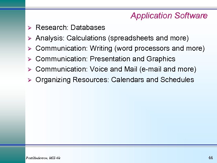 Application Software Ø Ø Ø Research: Databases Analysis: Calculations (spreadsheets and more) Communication: Writing