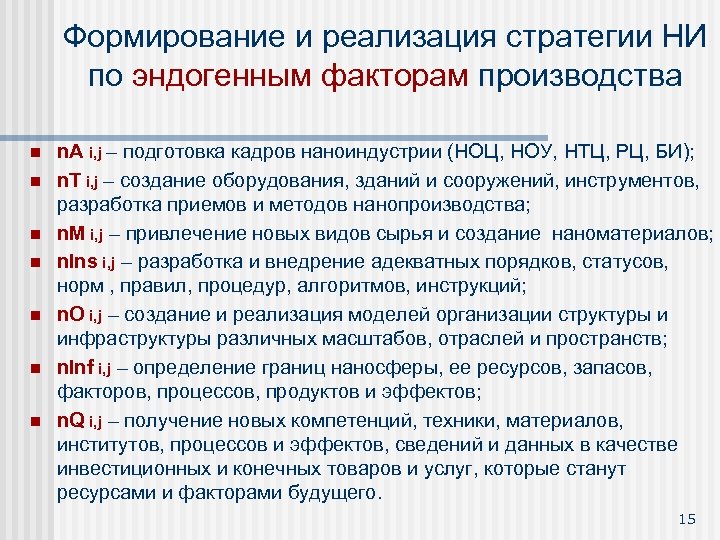 Формирование и реализация стратегии НИ по эндогенным факторам производства n n n n. A