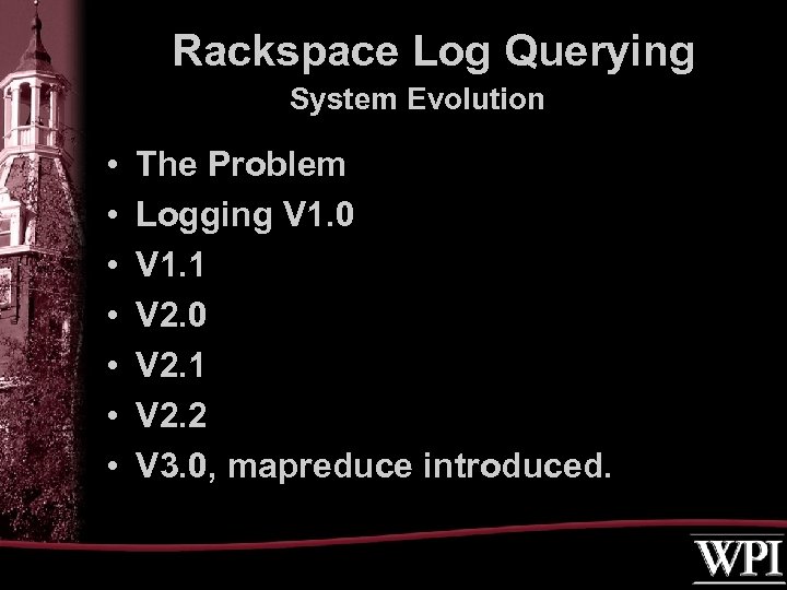 Rackspace Log Querying System Evolution • • The Problem Logging V 1. 0 V