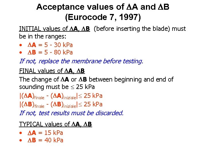 Acceptance values of A and B (Eurocode 7, 1997) INITIAL values of A, B