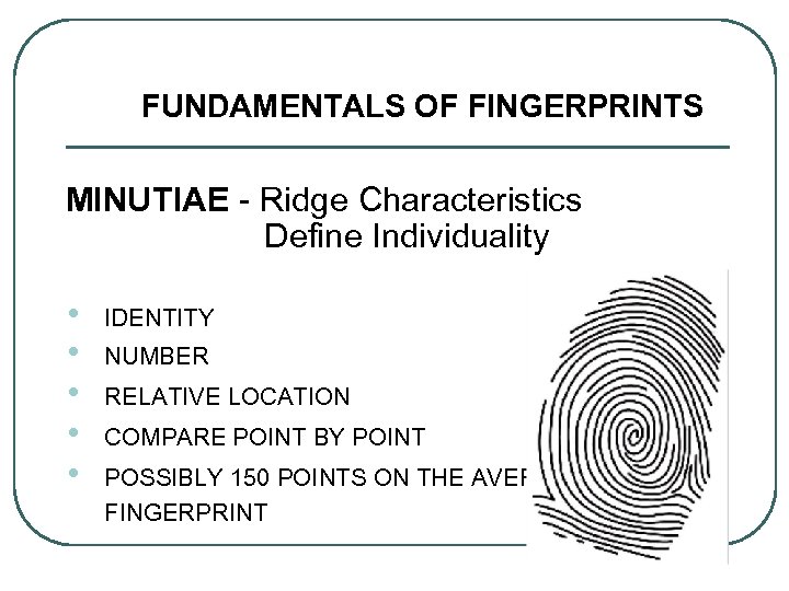 FUNDAMENTALS OF FINGERPRINTS MINUTIAE - Ridge Characteristics Define Individuality • • • IDENTITY NUMBER