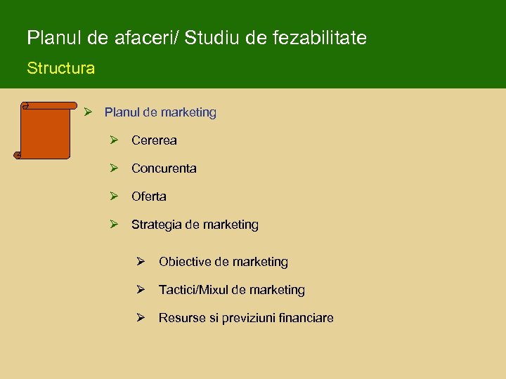 Planul de afaceri/ Studiu de fezabilitate Structura Ø Planul de marketing Ø Cererea Ø