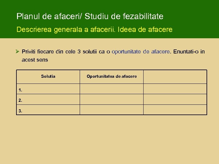 Planul de afaceri/ Studiu de fezabilitate Descrierea generala a afacerii. Ideea de afacere Ø