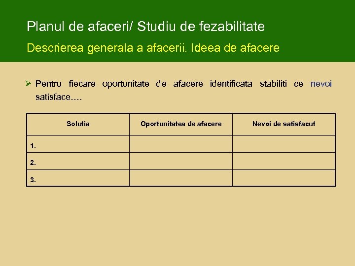 Planul de afaceri/ Studiu de fezabilitate Descrierea generala a afacerii. Ideea de afacere Ø