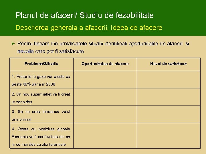 Planul de afaceri/ Studiu de fezabilitate Descrierea generala a afacerii. Ideea de afacere Ø