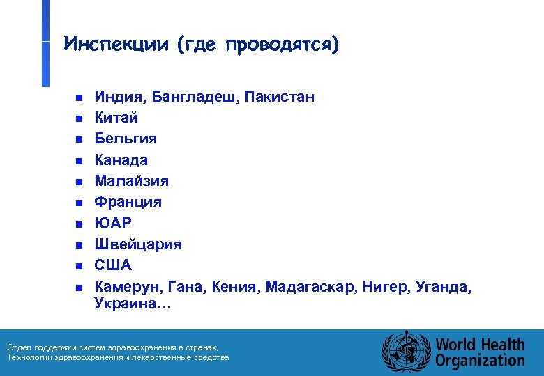 Инспекции (где проводятся) n n n n n Индия, Бангладеш, Пакистан Китай Бельгия Канада