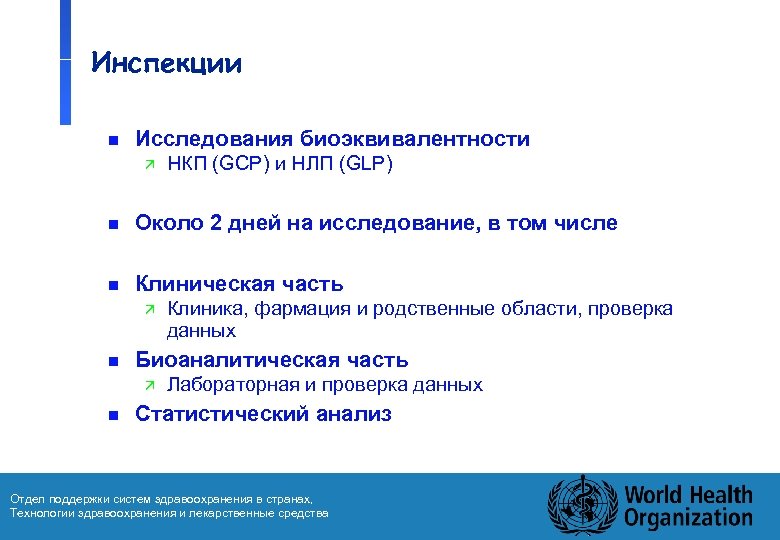 Инспекции n Исследования биоэквивалентности ä НКП (GCP) и НЛП (GLP) n Около 2 дней