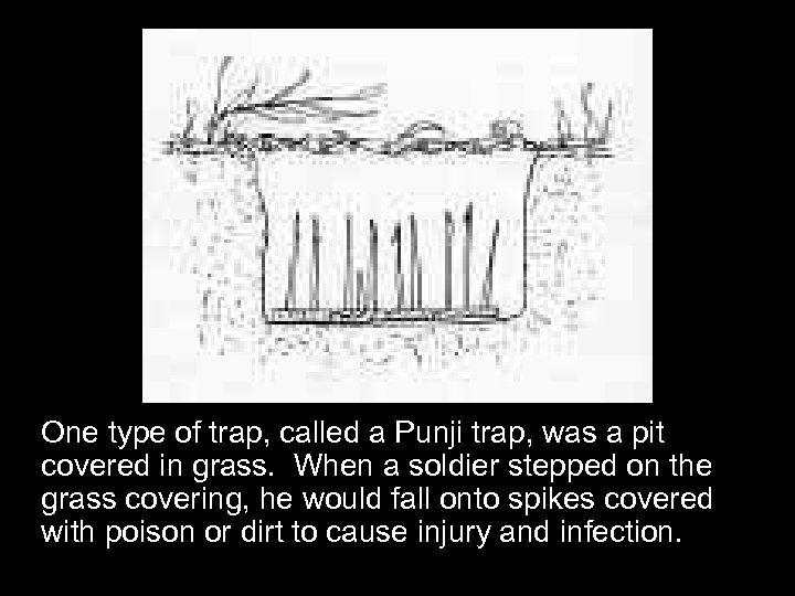 One type of trap, called a Punji trap, was a pit covered in grass.