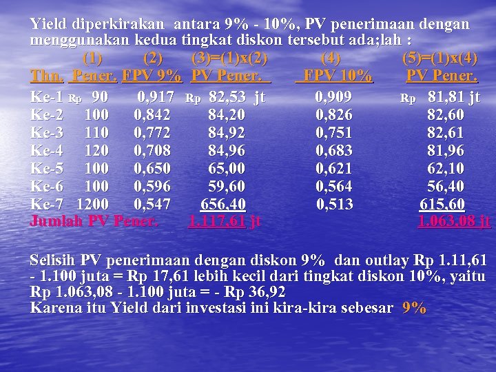 Yield diperkirakan antara 9% - 10%, PV penerimaan dengan menggunakan kedua tingkat diskon tersebut