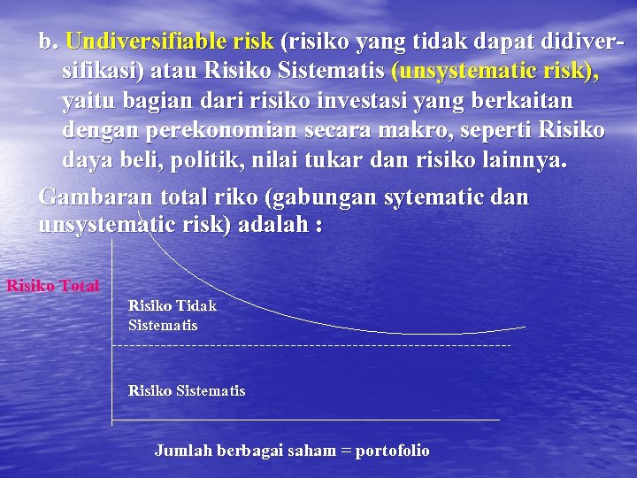 b. Undiversifiable risk (risiko yang tidak dapat didiversifikasi) atau Risiko Sistematis (unsystematic risk), yaitu